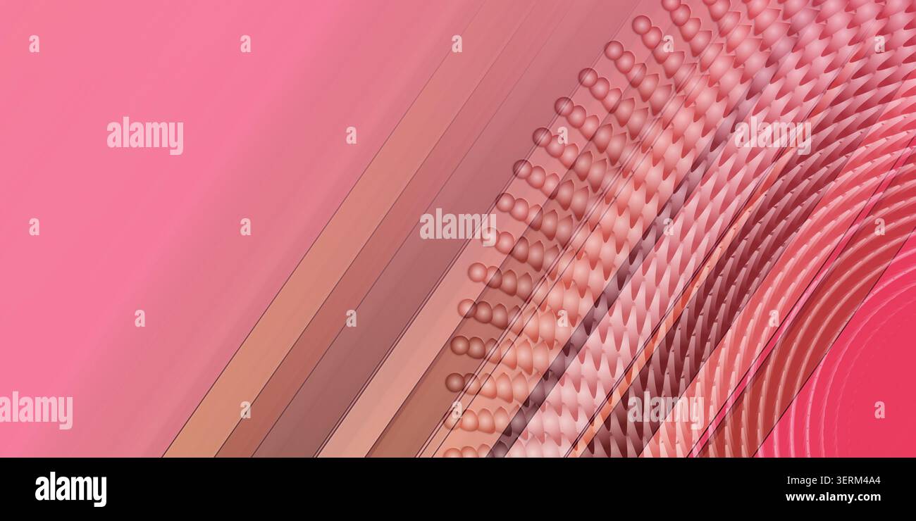 An abstract digital background featuring diagonal stripes transitioning into a textured pattern of circular spheres and curved lines in shades of pink Stock Photo