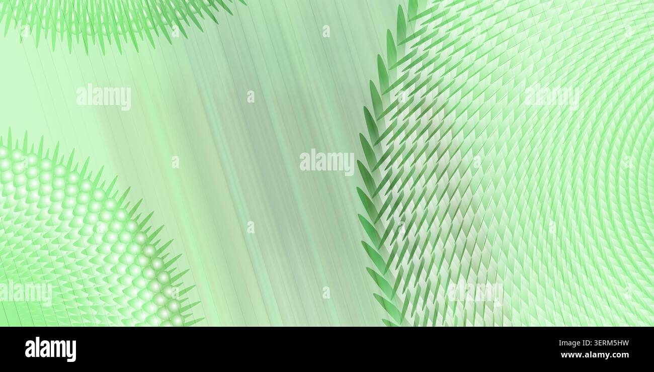 A sophisticated abstract background featuring repeating geometric shapes, radial patterns, and a soft, green-toned gradient with subtle light effects. Stock Photo