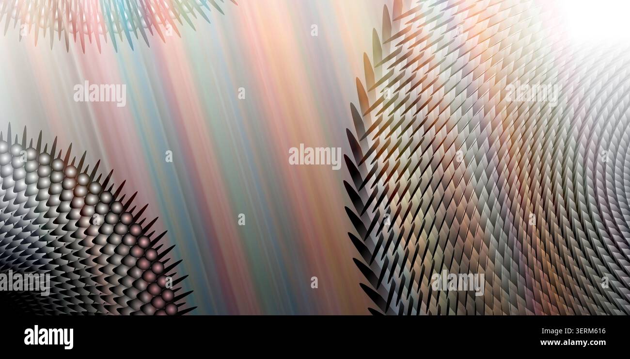 A vibrant abstract composition featuring repeating geometric shapes, spherical elements, and a soft, multi-colored light-streaked background. Stock Photo