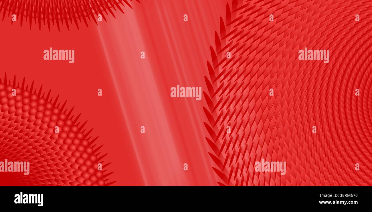 A bold and vibrant red abstract background featuring intricate, repeating spike and leaf-like patterns with a dynamic, flowing composition. Stock Photo