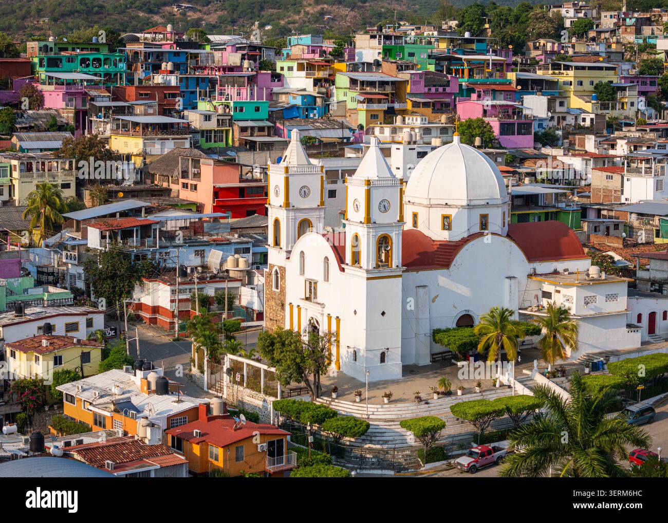 St. Michael Parish in the colorful town of Coyuca, Guerrero, Mexico. Stock Photo