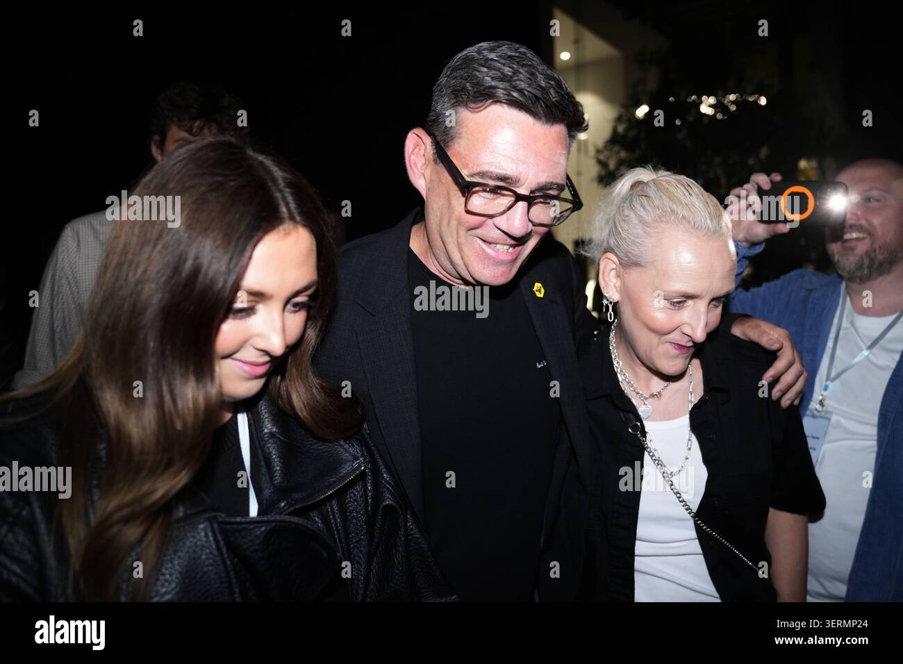 Labour party's Andy Burnham leaves with his wife Marie-France Van Heel and their daughter Rosie after winning the Makerfield by-election, paving the way for a leadership challenge against Prime Minister Sir Keir Starmer. in Wigan, England, Friday, June 19, 2026.(AP Photo/Jon Super) Stock Photo