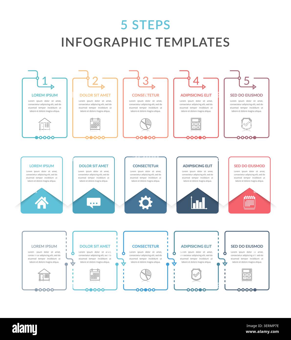 Three infographic templates with five steps, process chart, workflow, vector eps10 illustration Stock Vector