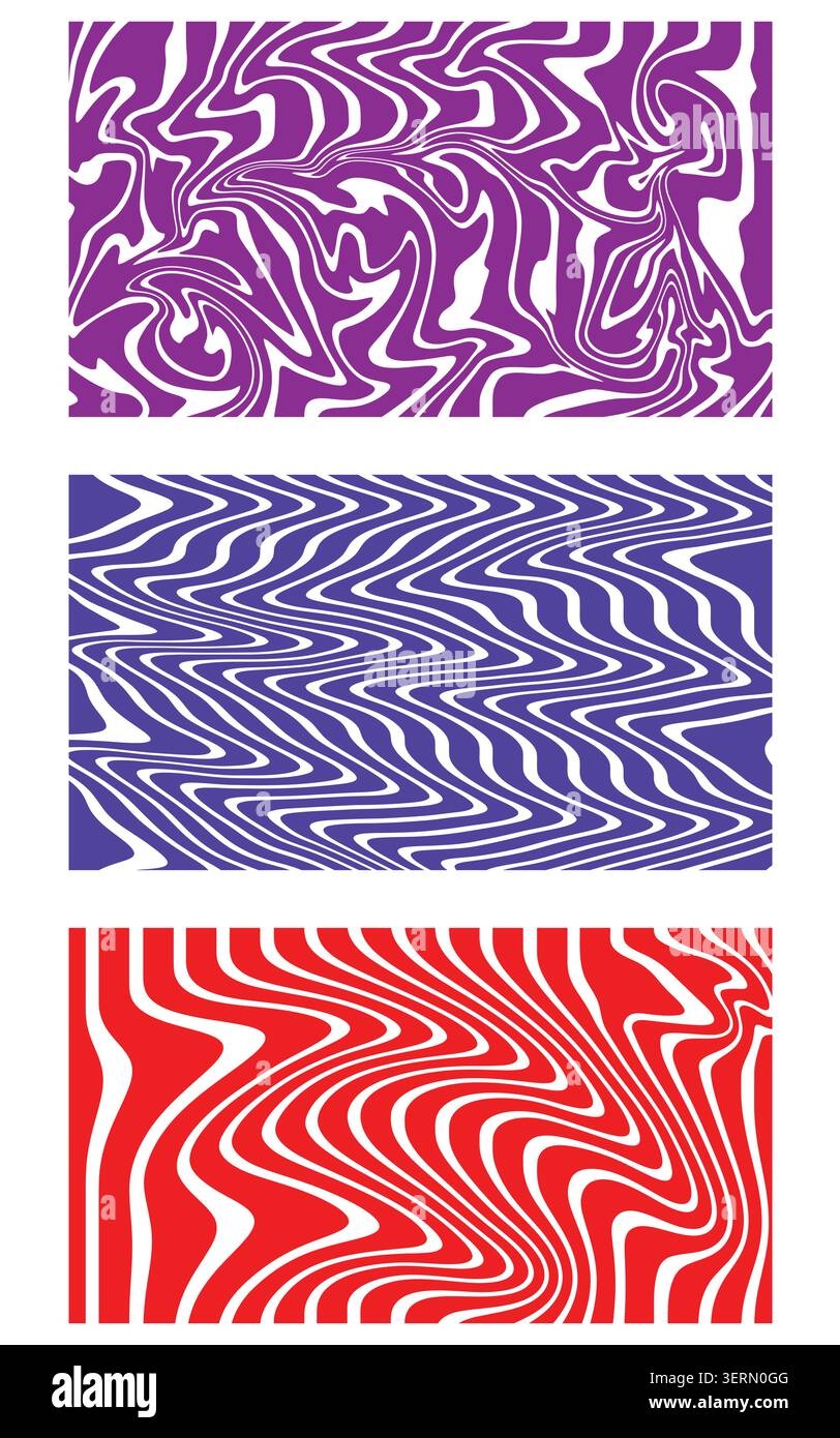 Colorful psychedelic wavy line pattern background vector set Stock Vector