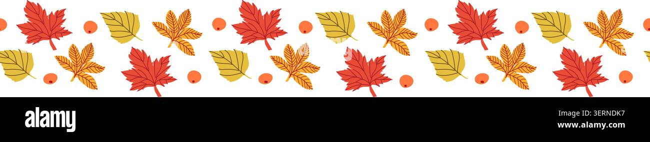 Seamless border of autumn maple and birch leaves. Cartoon flat illustration isolated. Border pattern, washi tapes template for scrapbooking. Stock Vector