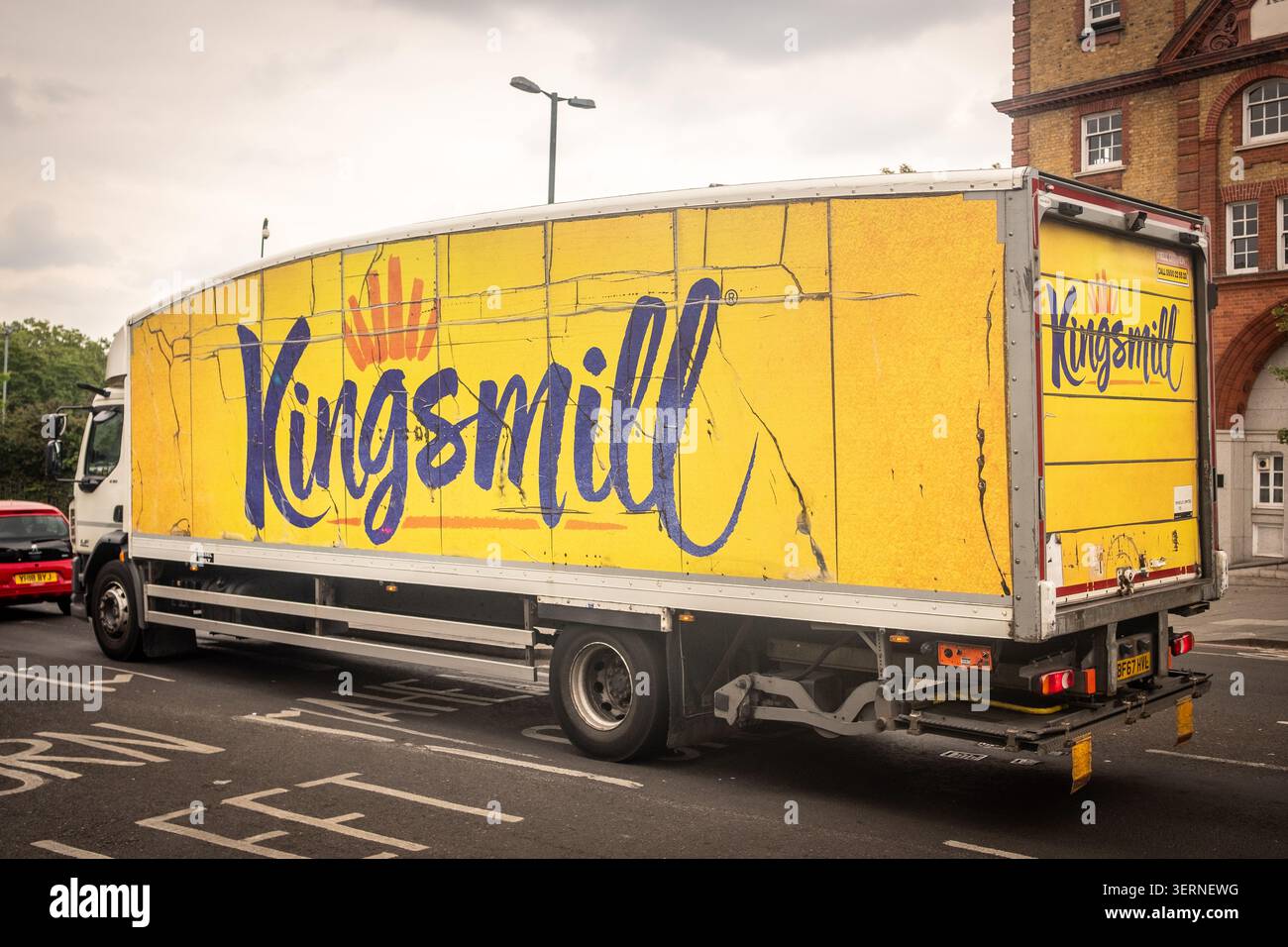 LONDON - MAY 08, 2026: Kingsmill Delivery Lorry – Yellow Kingsmill bread truck on a London street. Stock Photo