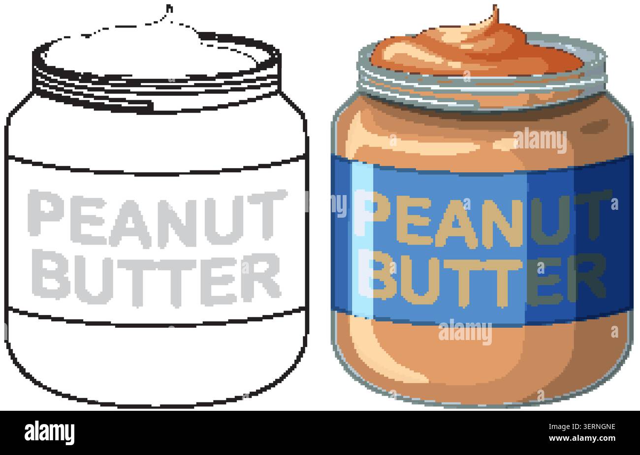 Two open peanut butter jars side by side in colored and black line art styles Stock Vector