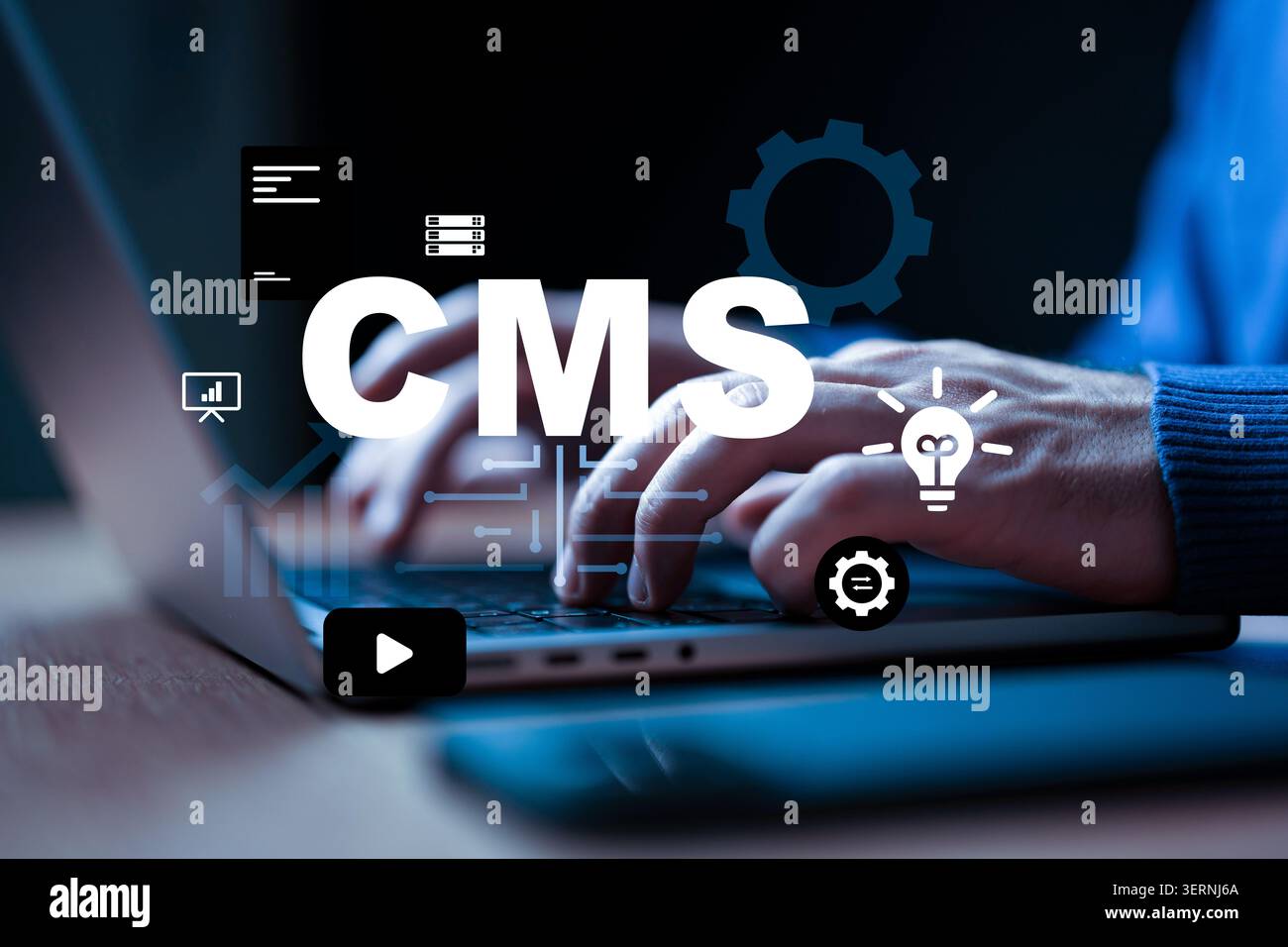 Using a content management system on a laptop for website development and management tasks Stock Photo