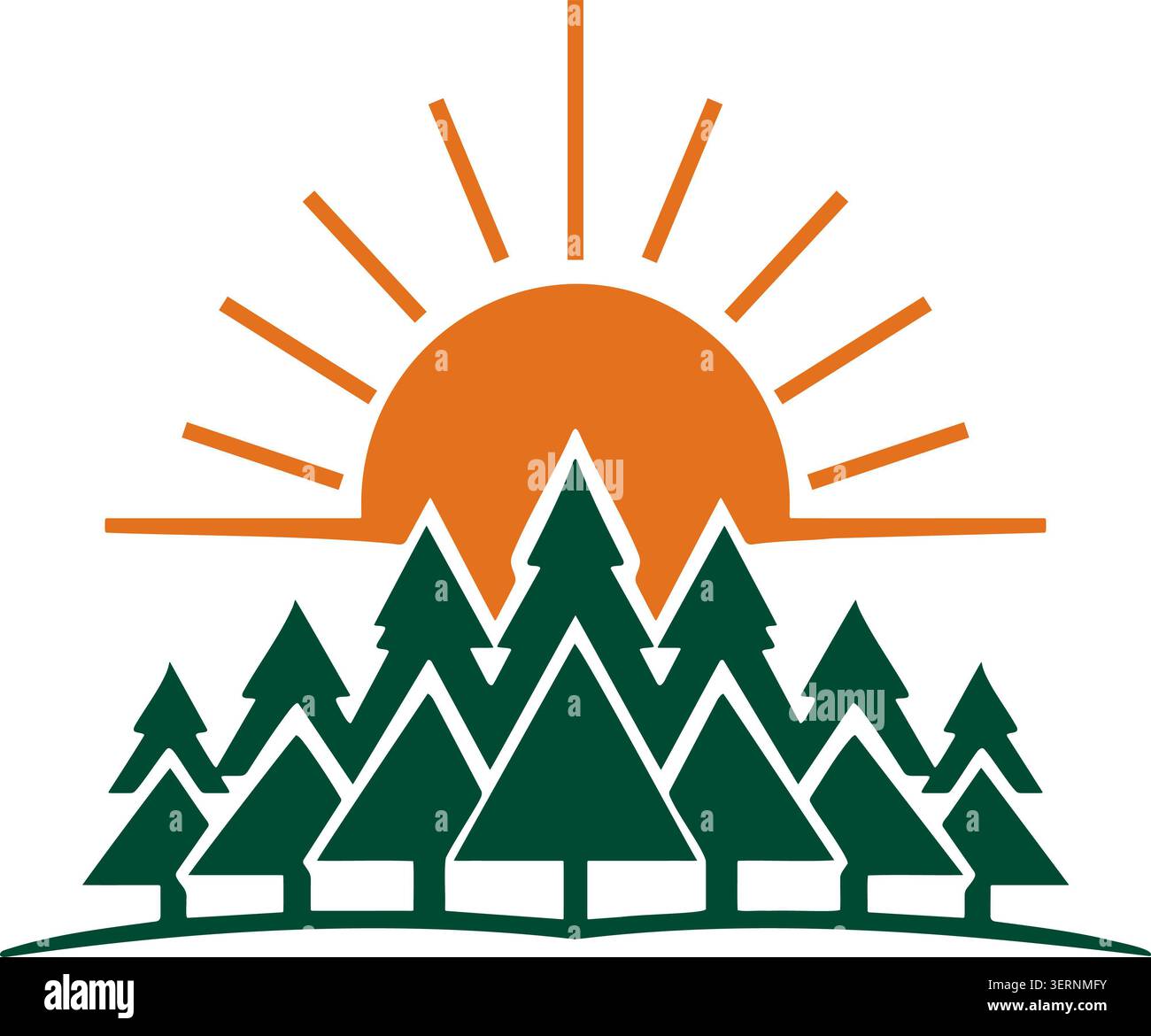 A warm sunrise rises behind a row of pine trees in a simple nature landscape scene Stock Photo