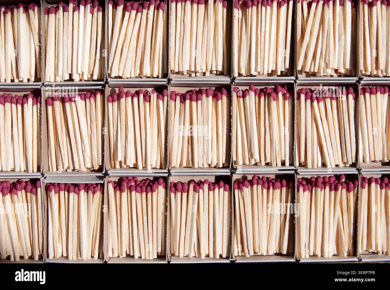 Many boxes with matches. Open match boxes background. Stock Photo