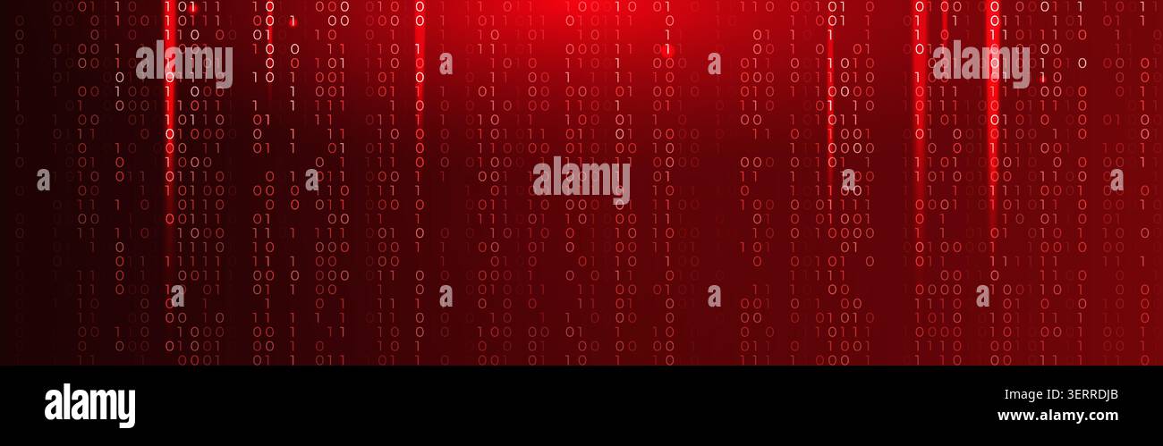 Virus Code Flow Red Binary Code Bug Cyber Attack Pattern. Malware Attack Ransomware Warning Background. Computer Hacking Cyber Security Breach. AI Stock Vector