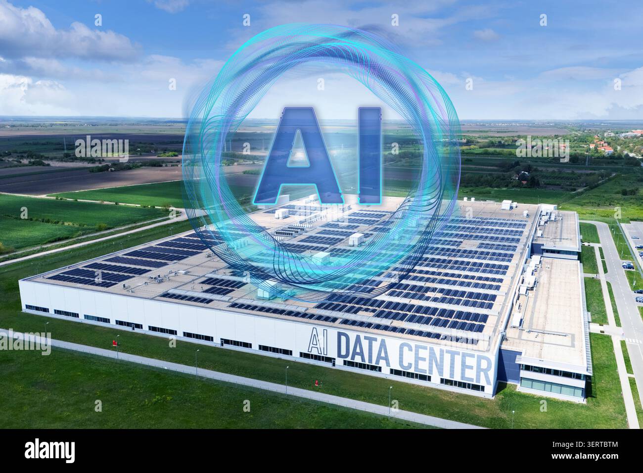 AI data processing center with rooftop solar panels Stock Photo