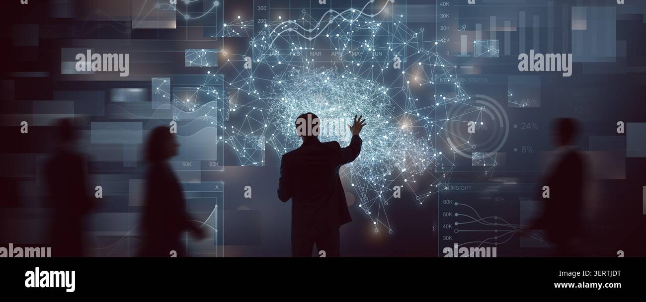 Confident professional engaging with a dynamic digital interface, symbolizing business intelligence, data analytics, and technological innovation. The Stock Photo