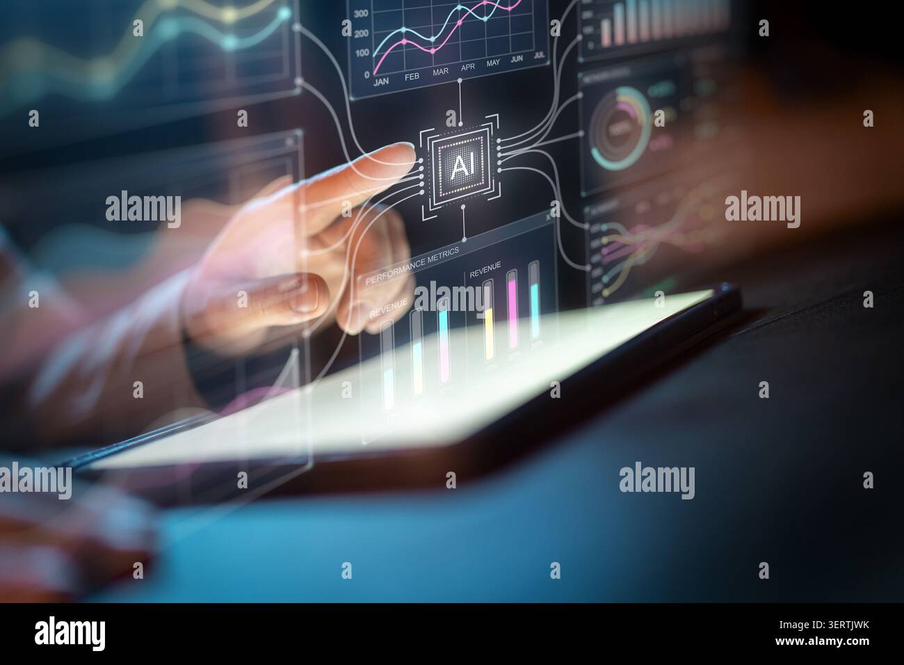 Futuristic business concept showing a professional interacting with an advanced touchscreen interface powered by artificial intelligence. The glowing Stock Photo