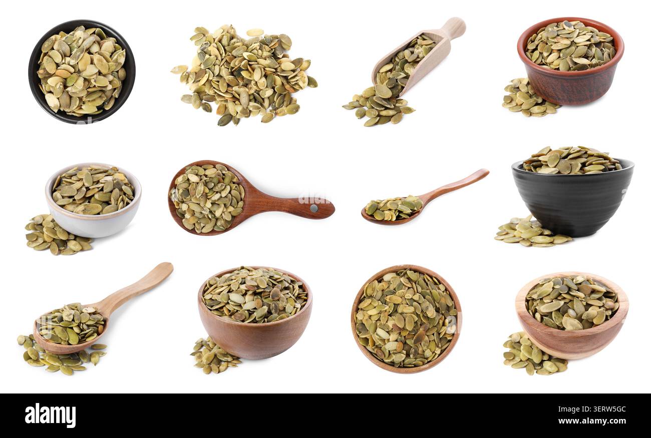 Dried pumpkin seeds isolated on white, set Stock Photo