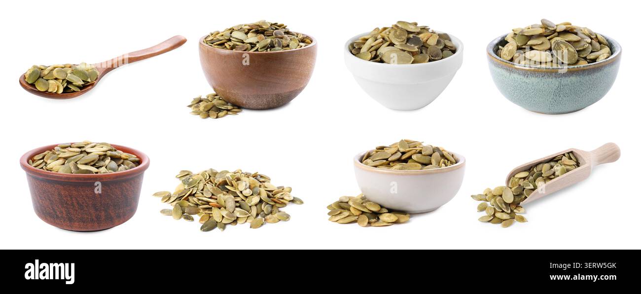 Dried pumpkin seeds isolated on white, set Stock Photo
