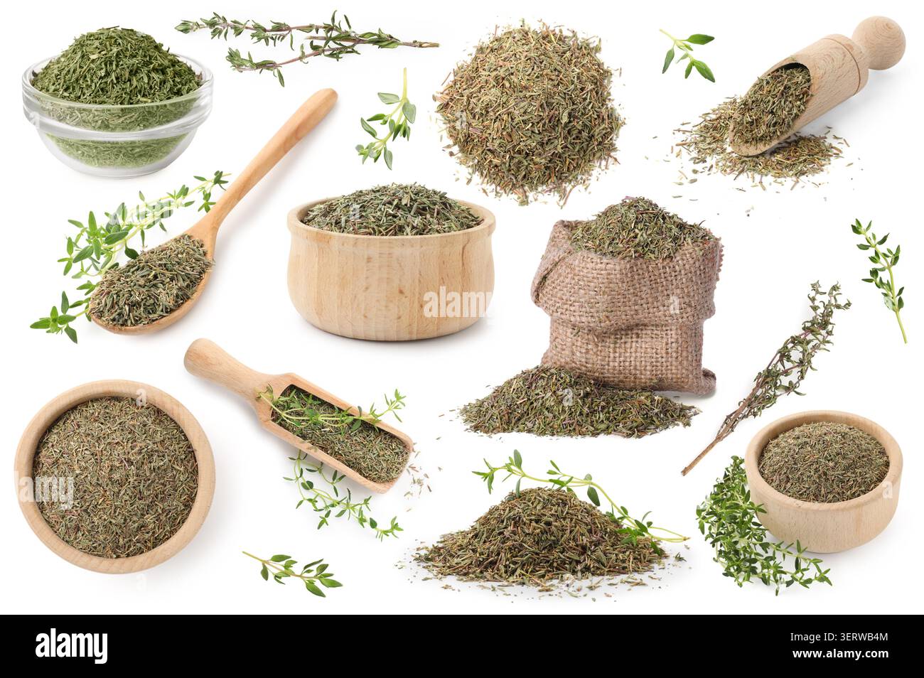 Dried thyme isolated on white, set. Aromatic herb Stock Photo