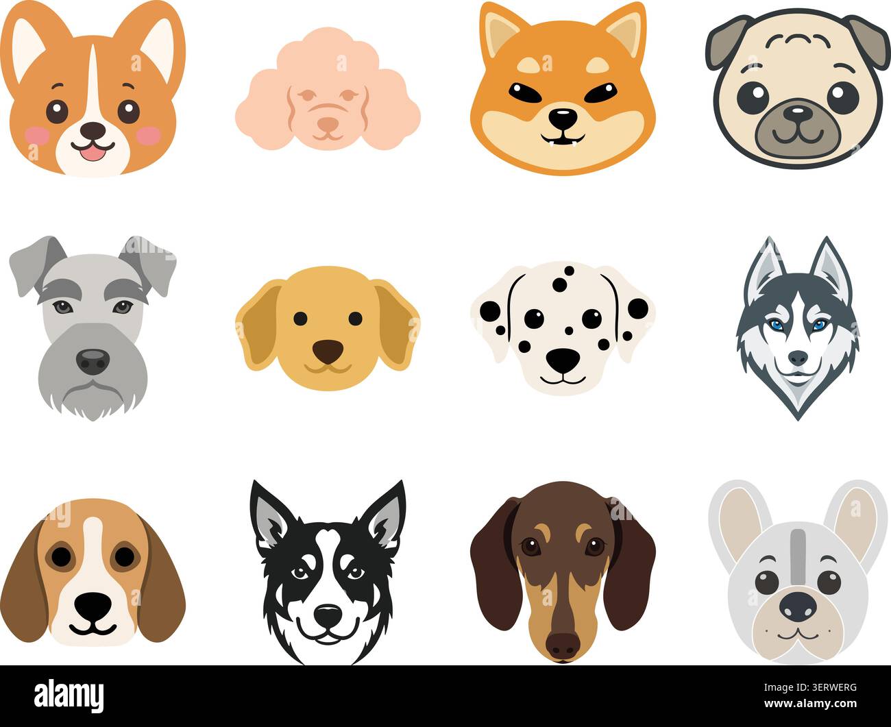 A colorful flat illustration set featuring various dog breed faces Stock Vector