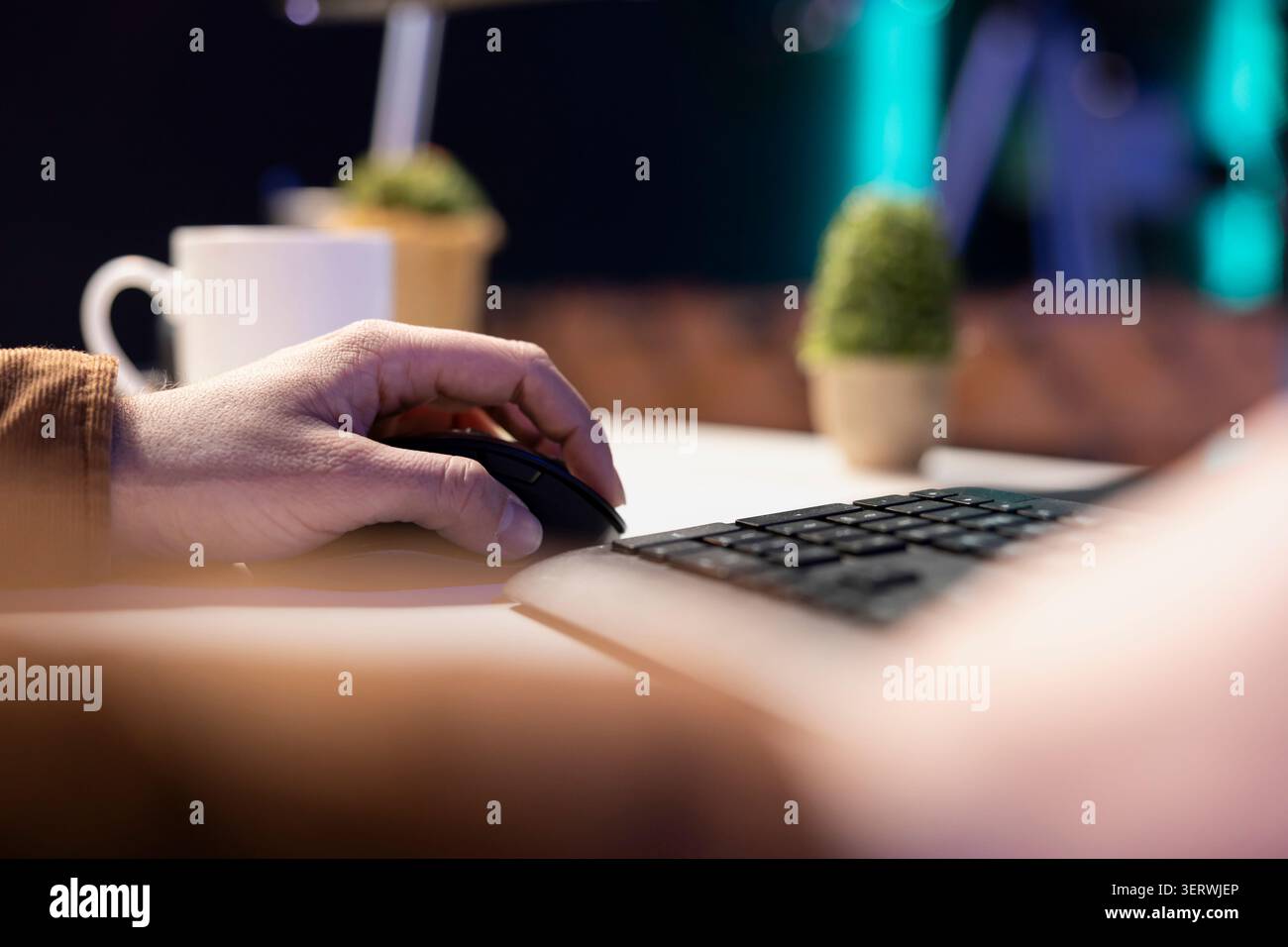 Teleworking computer technician typing on keyboard, implementing security measures to protect company systems and data. Remote IT employee at home debugging code for software, close-up. Stock Photo