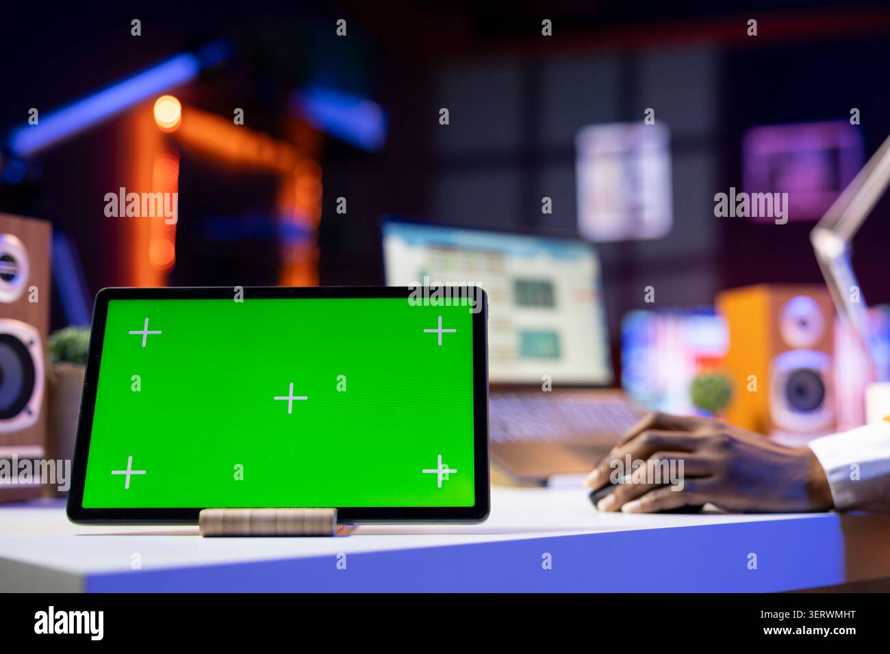Isolated screen tablet used by worker in home office analyzing data charts, identifying trends. Freelancer using chroma key device, compiling analytical reports, processing data. Stock Photo