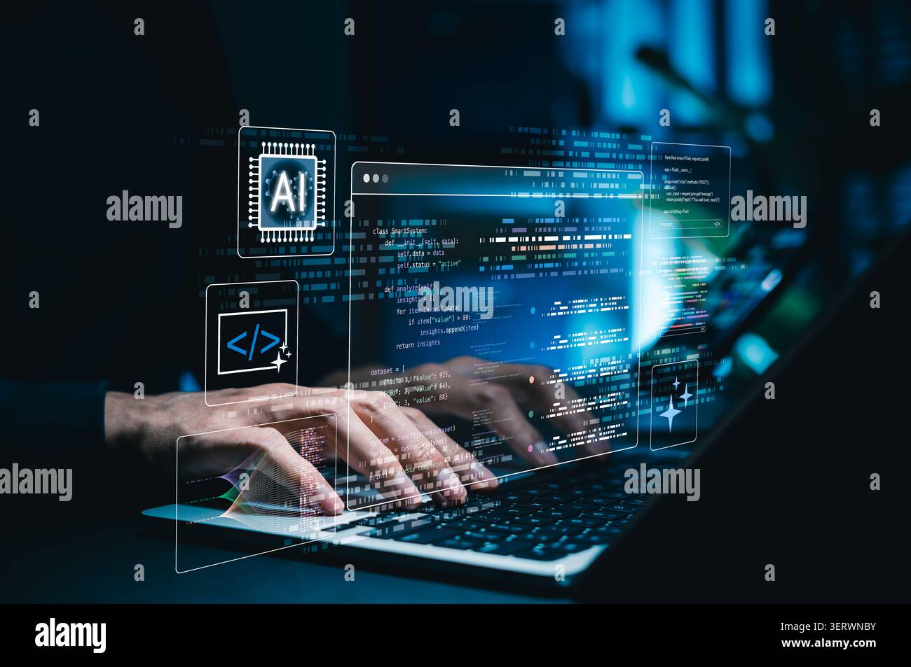 AI software development and code automation concept. Developer or programmer using laptop with programming interface, AI chip, code panels, data Stock Photo