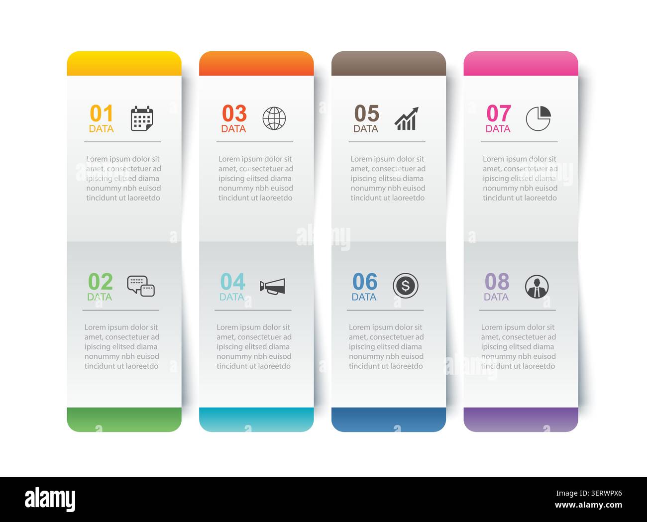 Business infographic column vertical timeline template 8 options steps layout charts. Stock Vector