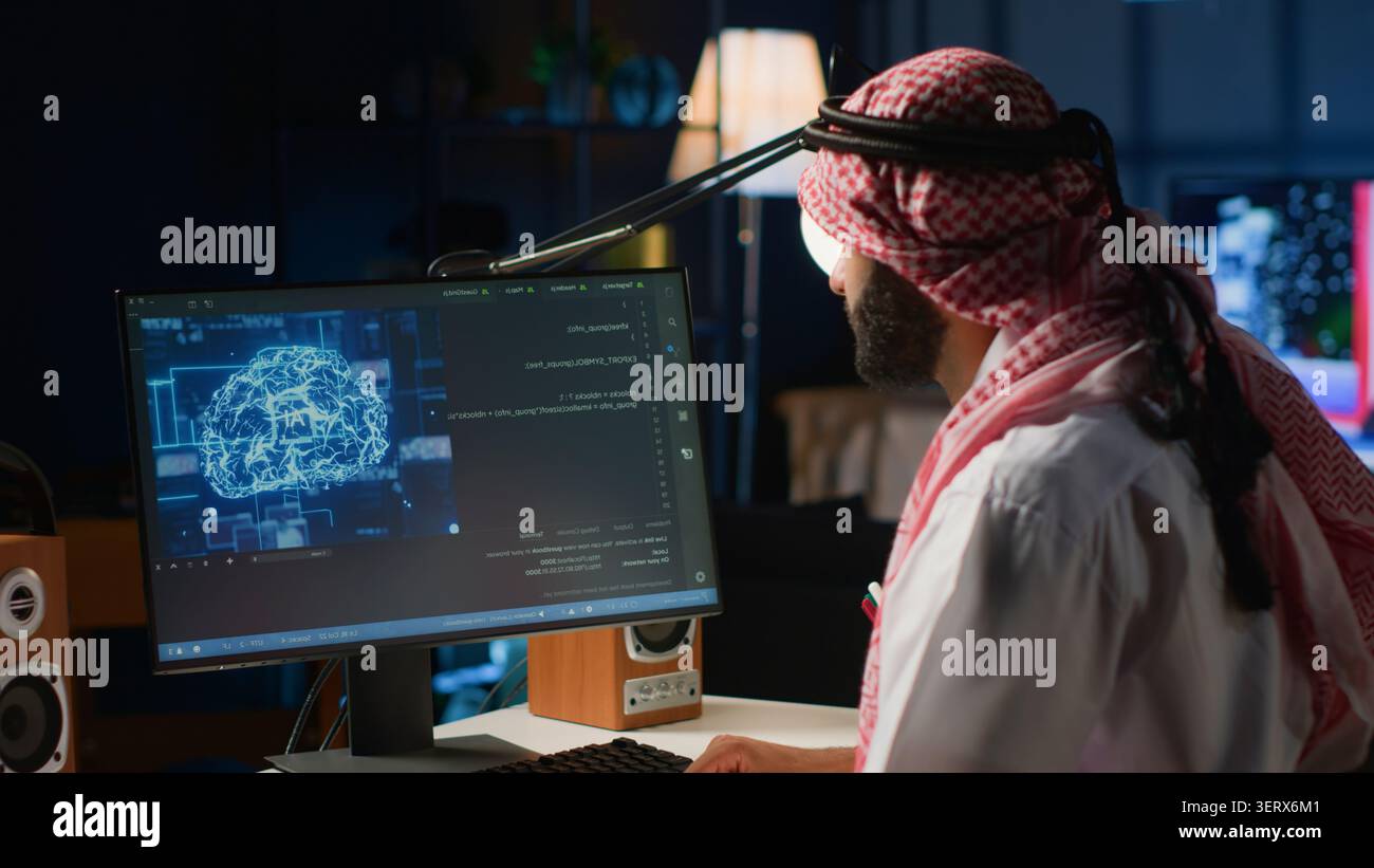 Experienced Arab developer programming scripts on computer screen, employing AI machine learning, manipulating lines of code for artificial intelligence applications computing. Stock Photo