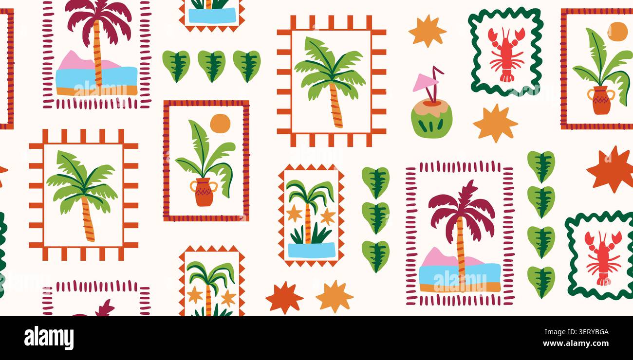 Seamless tropical postage stamp pattern with palms and lobster. Vector illustration Stock Vector