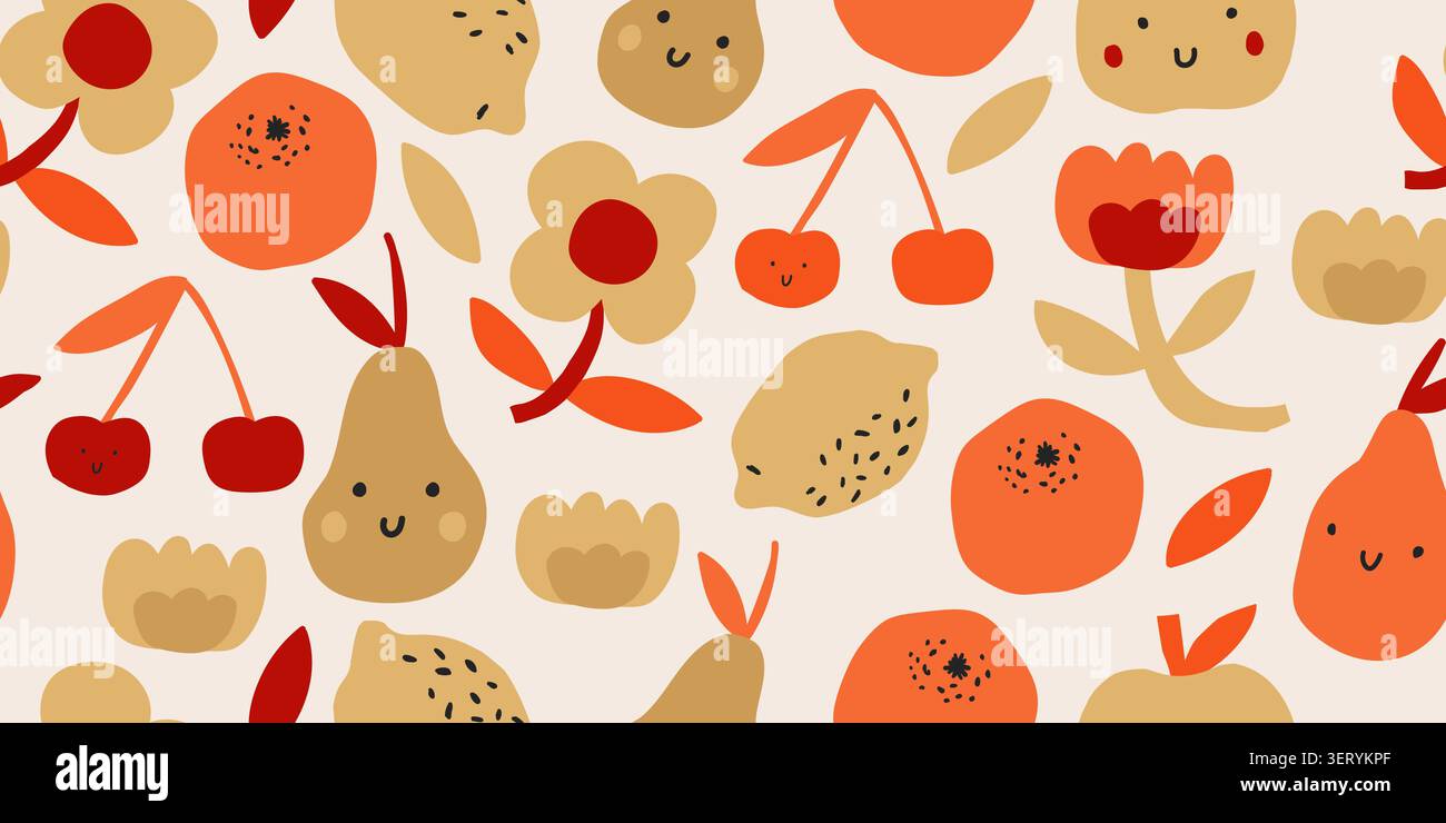 Seamless scandinavian fruit pattern in warm beige tones. Vector illustration Stock Vector
