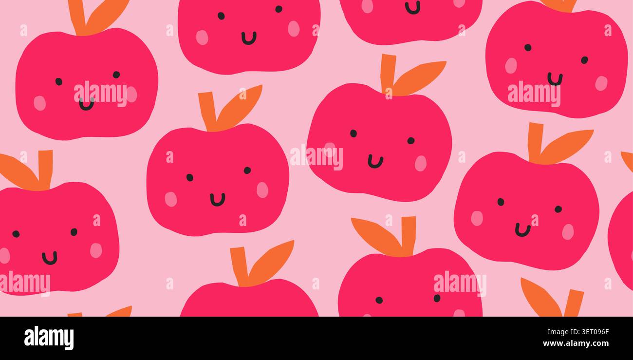 Seamless cute pink apple pattern with smiling faces. Vector illustration Stock Vector