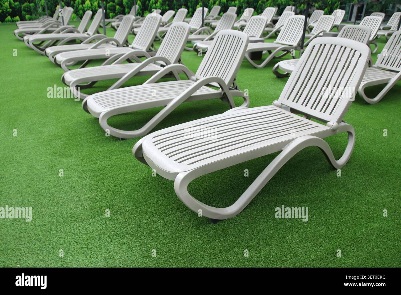 rows of empty plastic lounge chairs on a green lawn. concept for summer resort recreation, hospitality industry, and holiday real estate strategy. Stock Photo