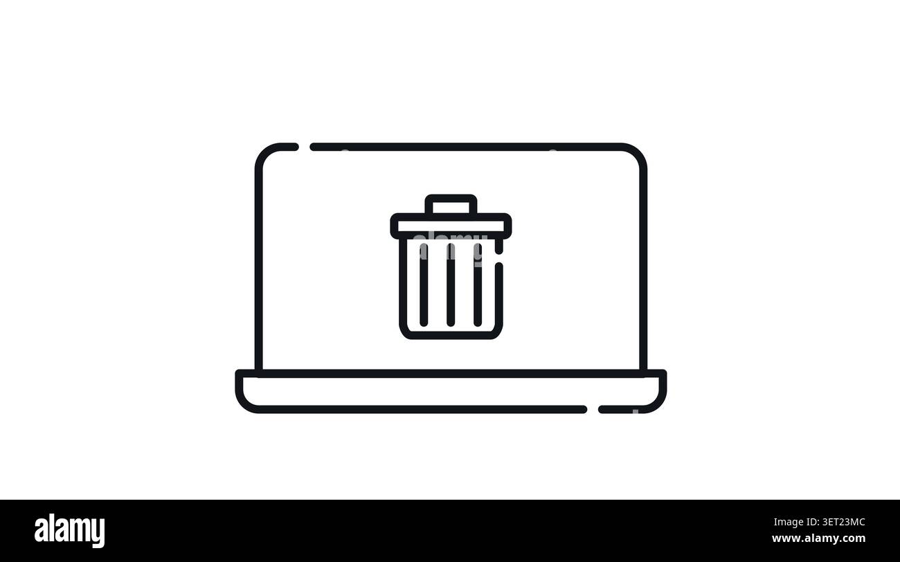 Laptop with trash bin icon: portable notebook computer displaying recycle bin and file deletion symbol on screen, minimalist black line art vector. Stock Vector