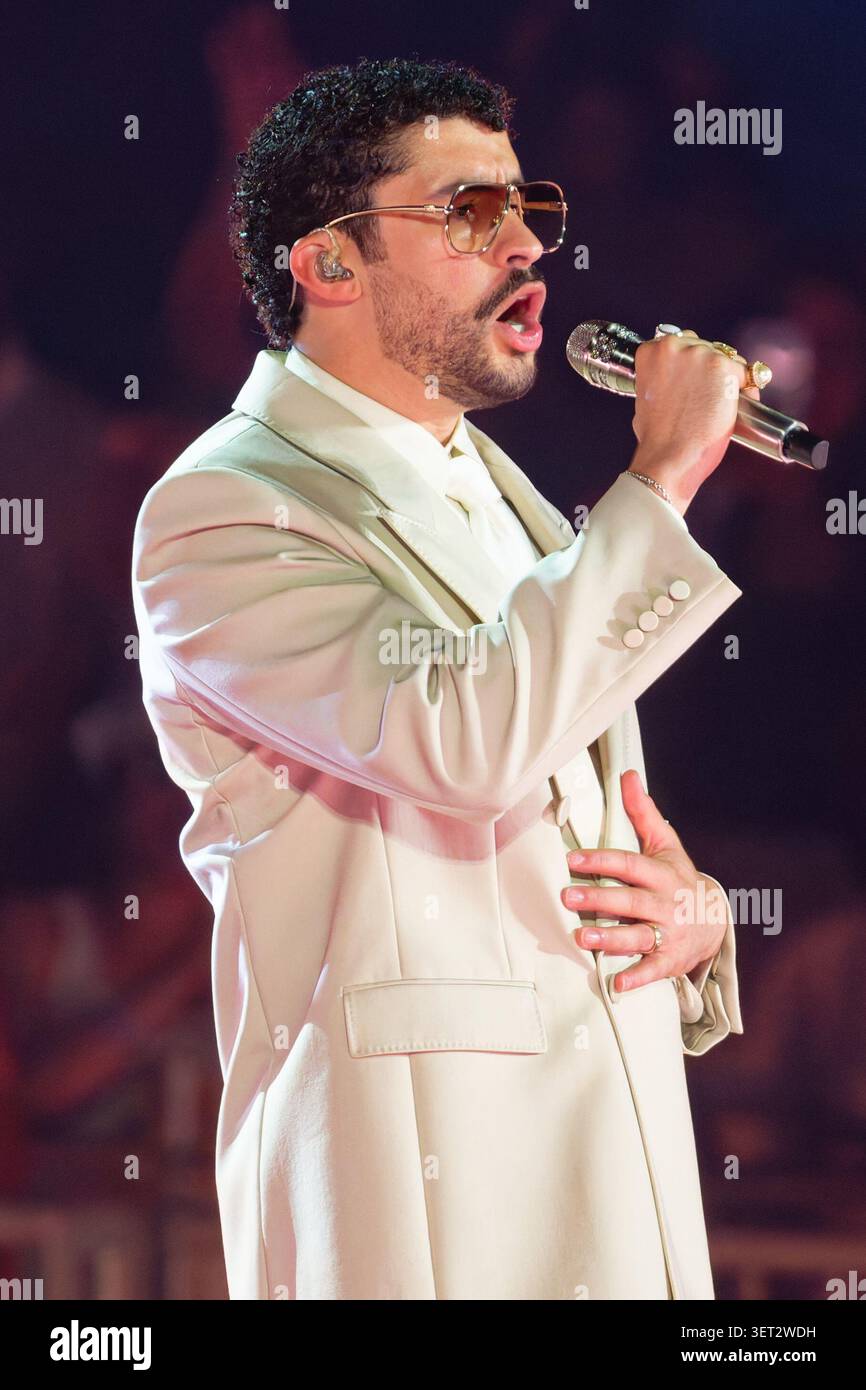 20 June 2026, NA, Duesseldorf: Reggaeton star Bad Bunny takes the stage ...