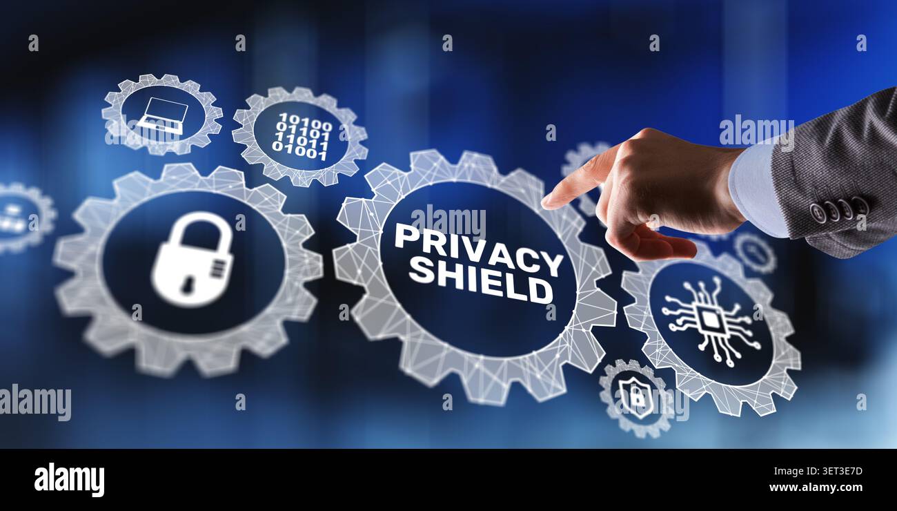 Privacy shield framework for cybersecurity and data protection with digital security icons Stock Photo