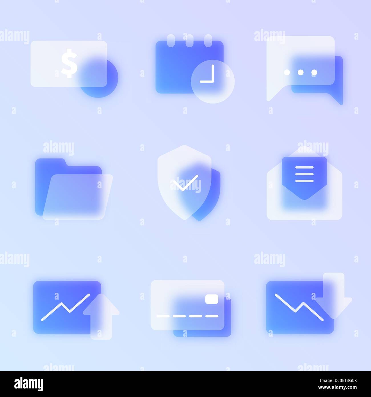 Finance glassmorphism icon set. Stock Vector