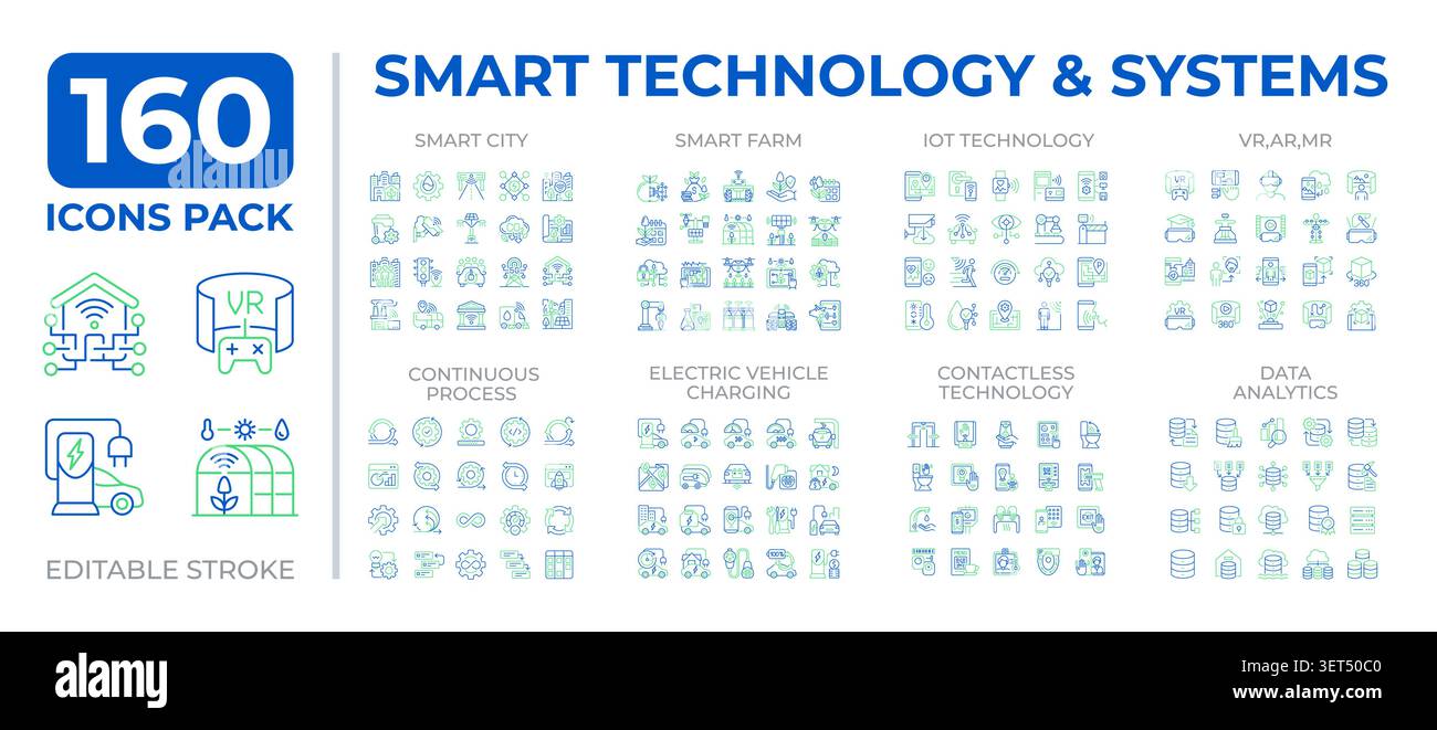 Smart technology and system two color line icons set collection Stock Vector