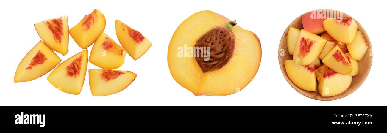 ripe peach isolated on white background with clipping path. Top view. Flat lay pattern Stock Photo