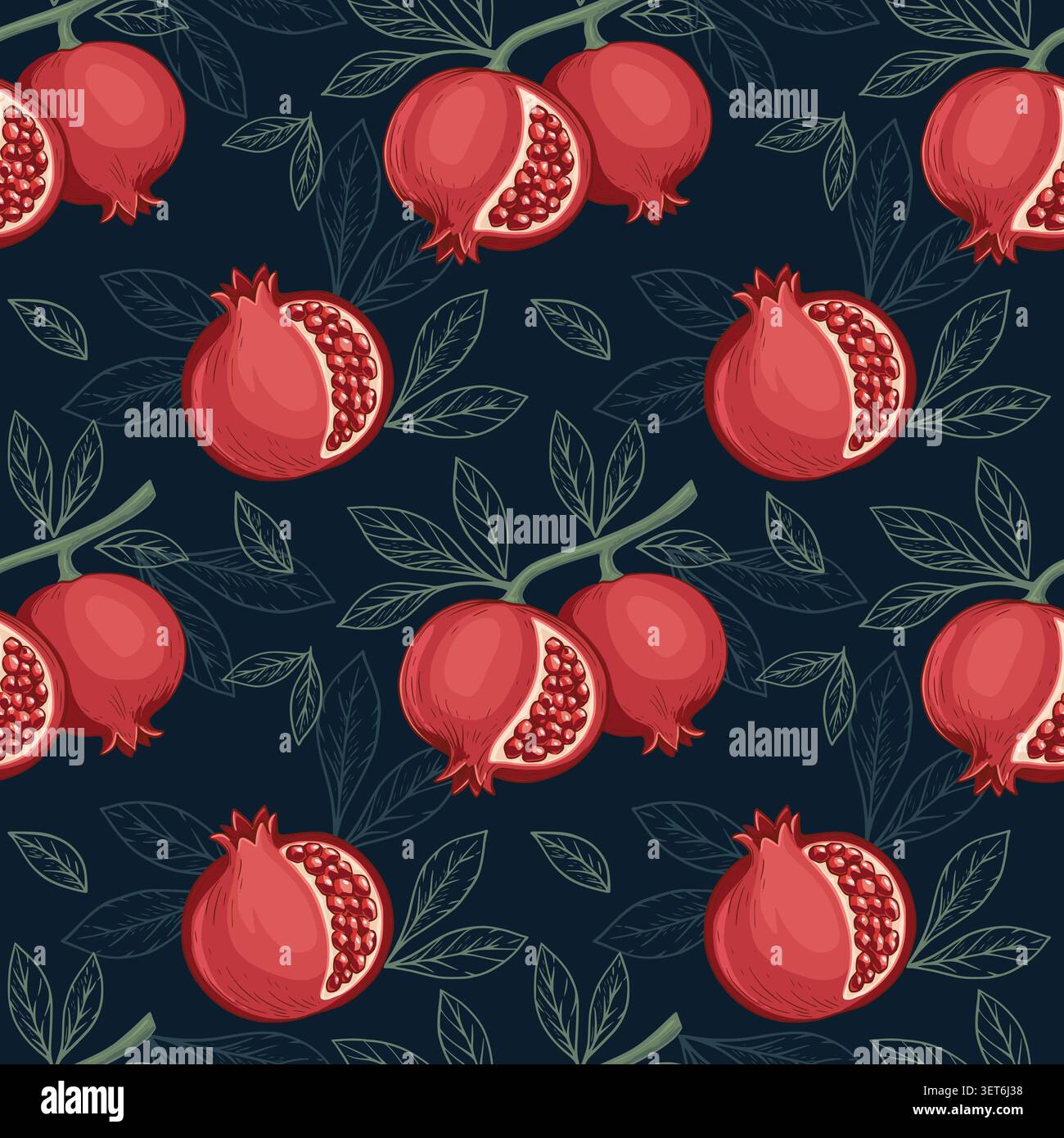 Pomegranate Fruit and Leaves Seamless Pattern on Dark Background Stock Vector