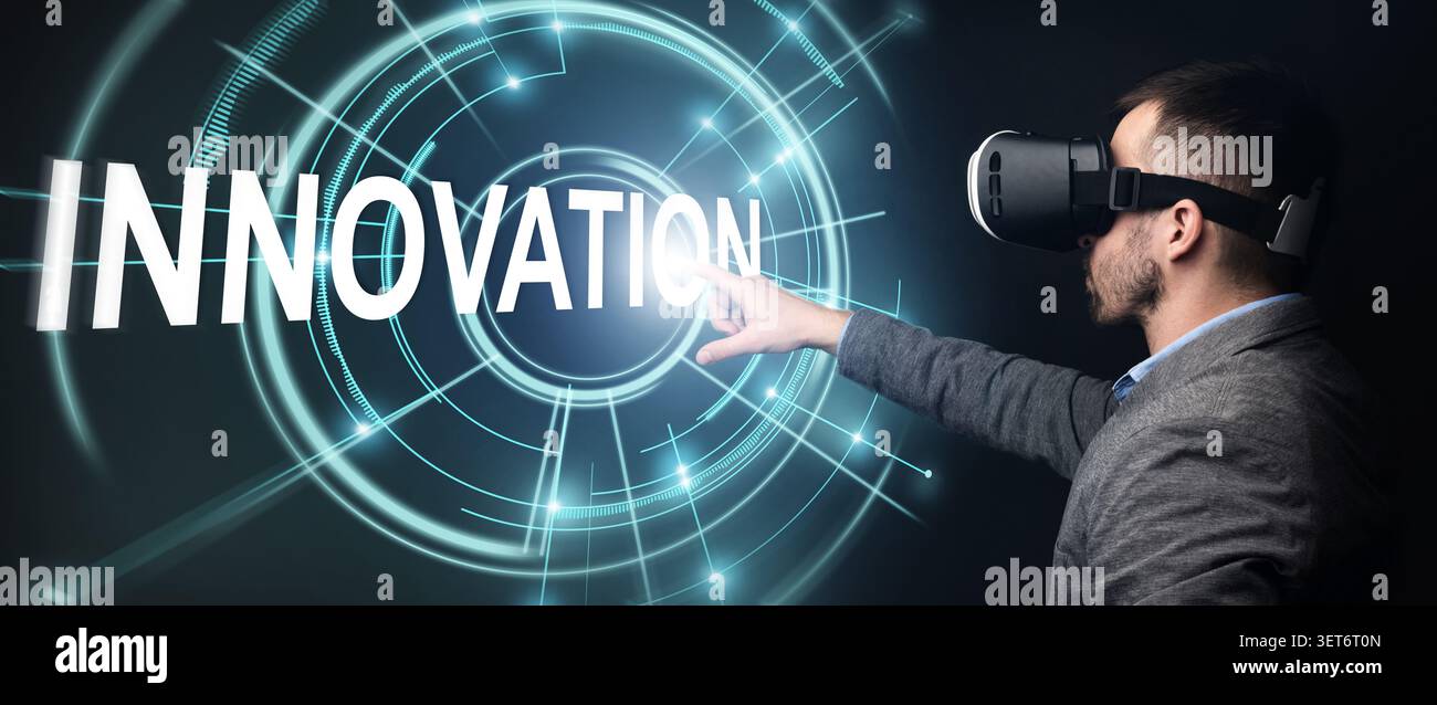 Man touching screen with text wearing virtual reality glasses Stock Photo