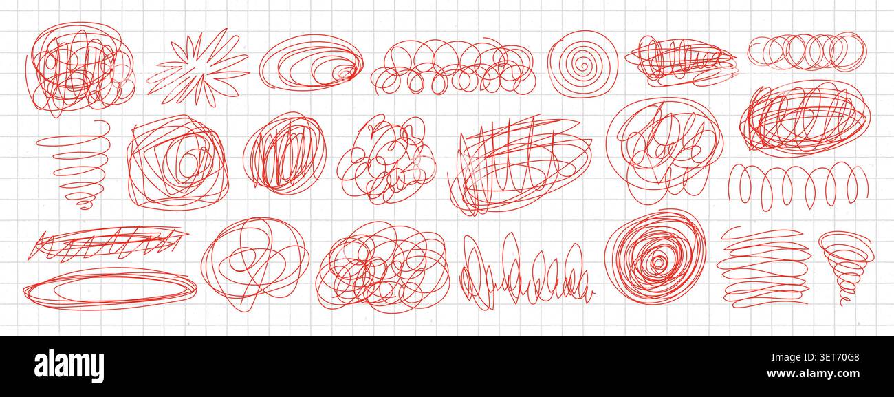 Chaotic pen sketches with tangled scribble lines and doodle circles vector illustration set. Stock Vector