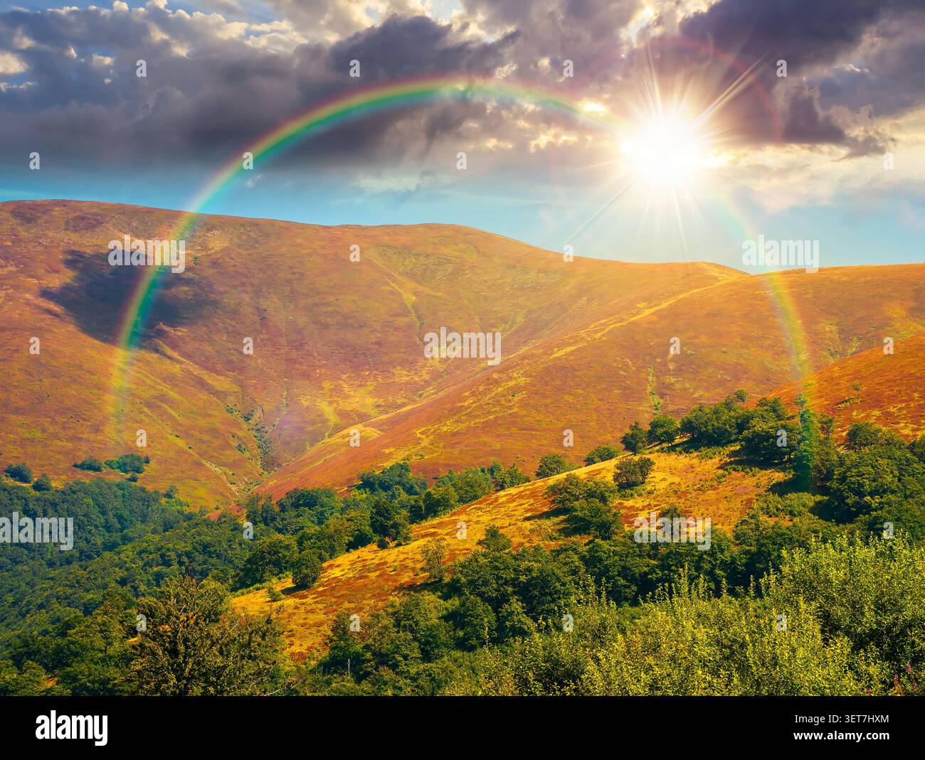 carpathian mountain landscape. travel ukraine in summer. slopes mountain ridge in august at night. wonderful carpathian adventure in full moon light Stock Photo
