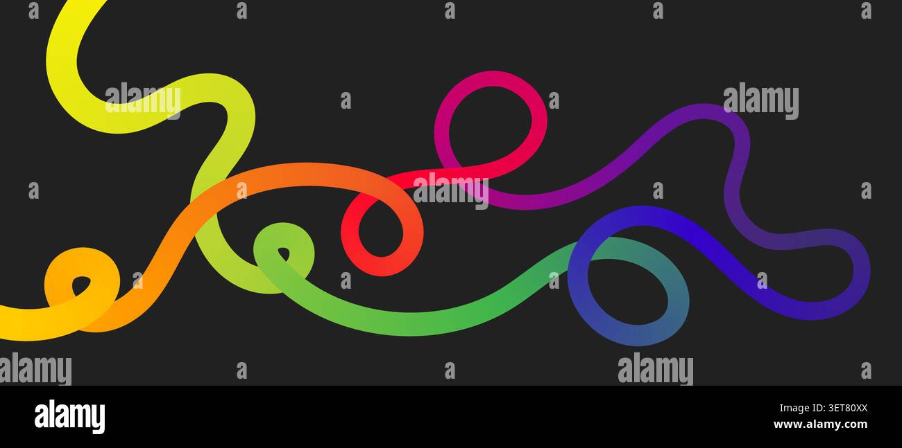 Wavy squiggle rainbow gradient color line create dynamic abstract curve vector illustration. Stock Vector