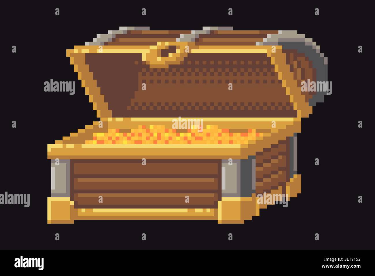 Pixel art open treasure chest with gold Stock Vector