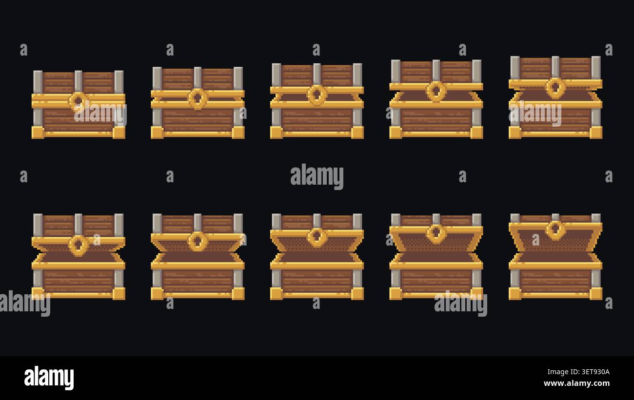 Pixel treasure chest opening animation frames Stock Vector
