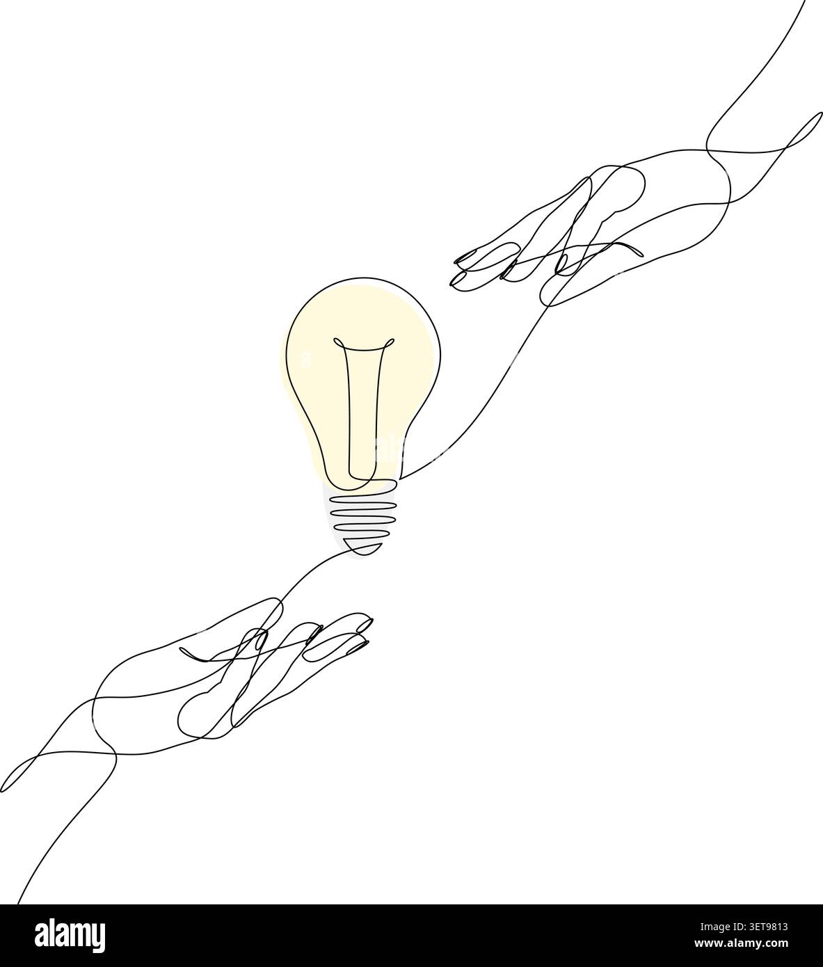 One line hands exchanging light bulb knowledge concept Stock Vector