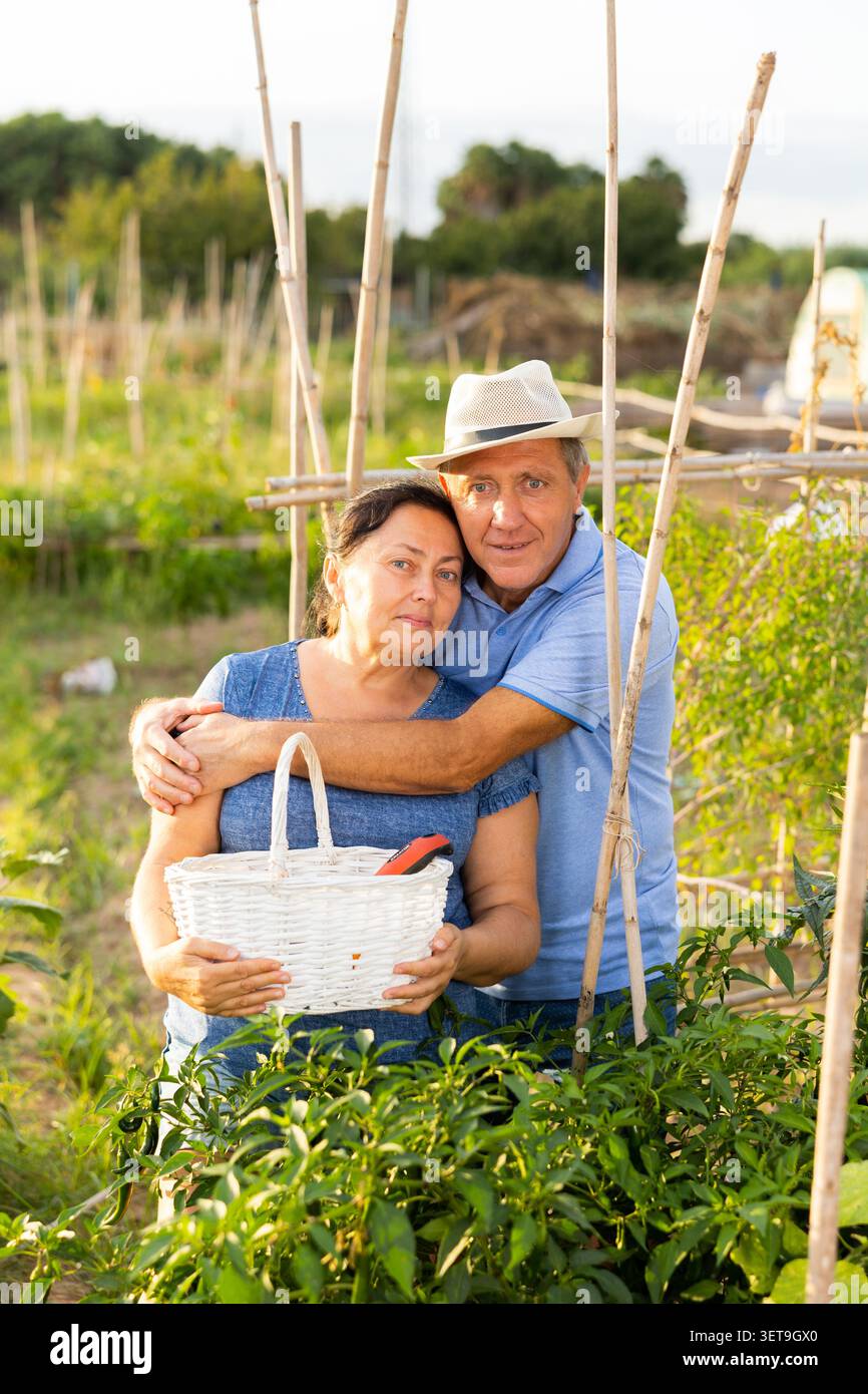 Cute senior couple in backyard garden Stock Photo
