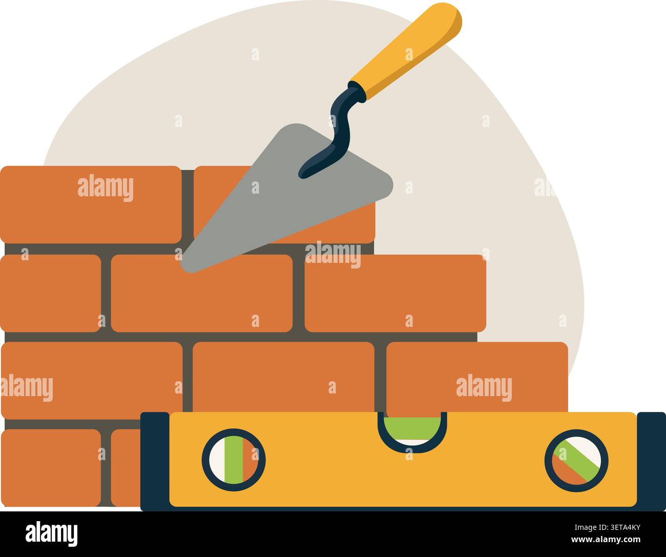 Brick Wall Construction with Trowel – Masonry Work Illustration Stock Vector