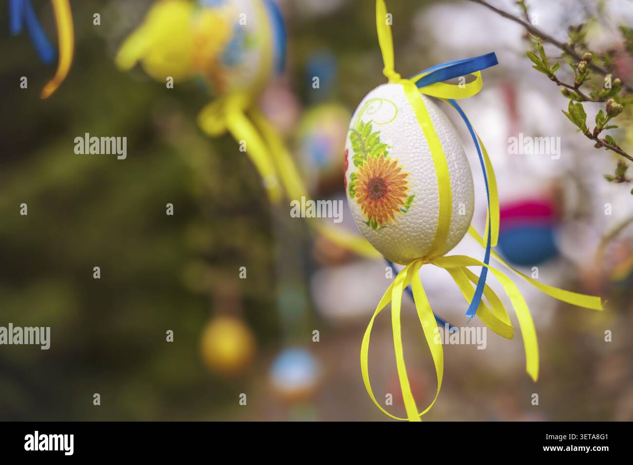 White easter eggs with blue and yellow ribbons on a tree Stock Photo
