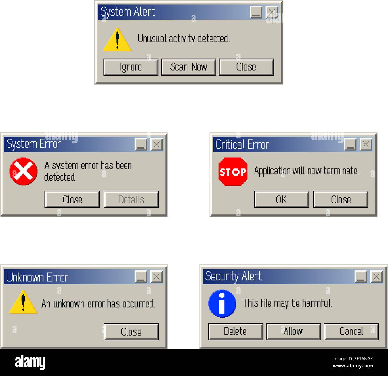 Pixel style computer error popup window collection set, vector pixel art Stock Vector