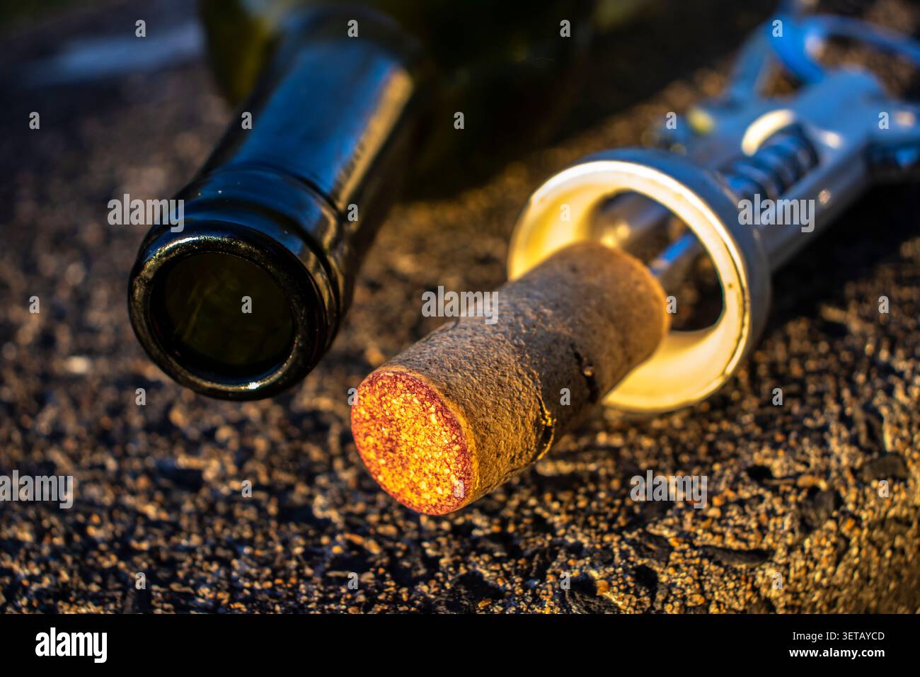 Close-up of an open empty wine bottle lying down with a natural cork and a metal corkscrew on a textured asphalt background during warm golden hour li Stock Photo